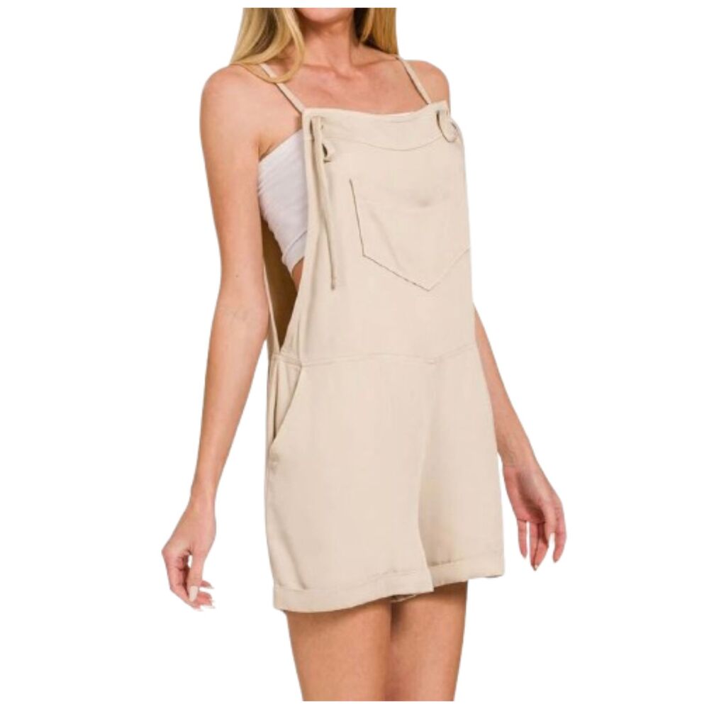Zenana Beige Neutral Minimalist Knotted Shoulder Straps Romper Size L NWOT